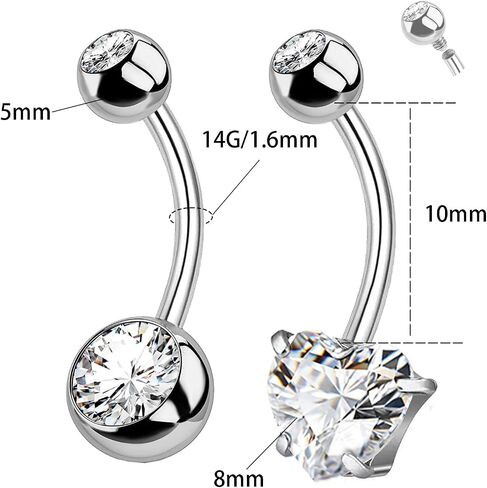 Titanium Belly Button Rings Internally Threaded 10/12 mm Long Belly Ring Round Heart CZ Navel Rings 14G Belly Piercing Jewelry for Women Men in Saudi Arabia