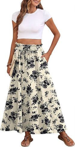 Askyes Womens Maxi Skirt Summer Tie Knot Elastic High Waisted Boho Casual Beach Flowy Swing Long Skirts with Pockets in Kuwait