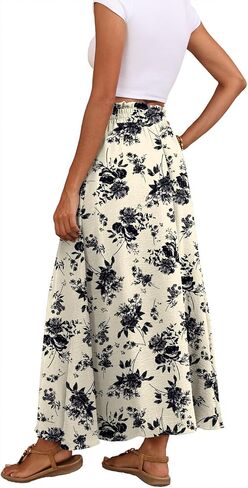 Askyes Womens Maxi Skirt Summer Tie Knot Elastic High Waisted Boho Casual Beach Flowy Swing Long Skirts with Pockets in Kuwait