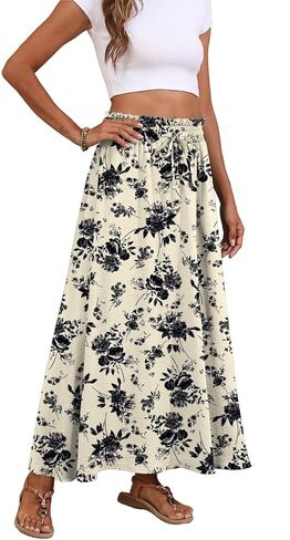 Askyes Womens Maxi Skirt Summer Tie Knot Elastic High Waisted Boho Casual Beach Flowy Swing Long Skirts with Pockets in Kuwait