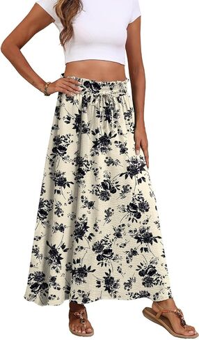 Askyes Womens Maxi Skirt Summer Tie Knot Elastic High Waisted Boho Casual Beach Flowy Swing Long Skirts with Pockets in Kuwait