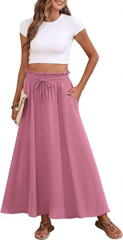 Askyes Womens Maxi Skirt Summer Tie Knot Elastic High Waisted Boho Casual Beach Flowy Swing Long Skirts with Pockets in Kuwait