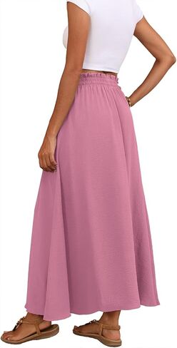 Askyes Womens Maxi Skirt Summer Tie Knot Elastic High Waisted Boho Casual Beach Flowy Swing Long Skirts with Pockets in Kuwait
