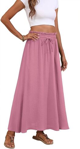 Askyes Womens Maxi Skirt Summer Tie Knot Elastic High Waisted Boho Casual Beach Flowy Swing Long Skirts with Pockets in Kuwait
