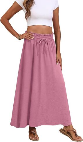 Askyes Womens Maxi Skirt Summer Tie Knot Elastic High Waisted Boho Casual Beach Flowy Swing Long Skirts with Pockets in Kuwait