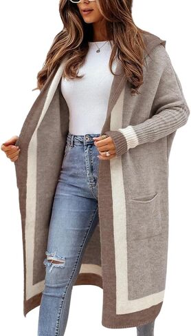Women's Fall Casual 2024 Color Block Open Front Cardigan Oversized Hooded Long Coatigan Coat Sweaters in Kuwait