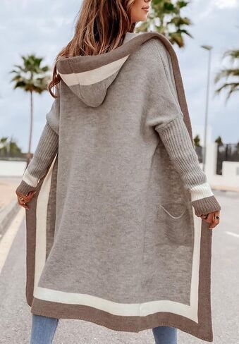 Women's Fall Casual 2024 Color Block Open Front Cardigan Oversized Hooded Long Coatigan Coat Sweaters in Kuwait