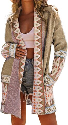 Perbai Womens Boho Aztec Cardigan Sweater Shawl Collar Open Front Tribal Long Sweater Coat with Pockets in Kuwait