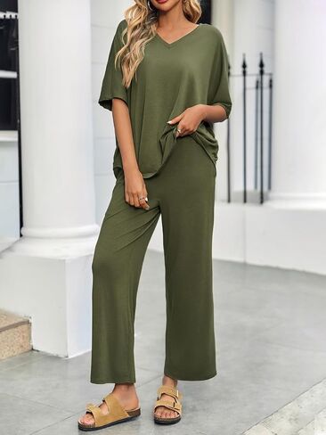 Tankaneo Womens 2 Outsits Lounge مجموعات كبيرة الحجم قصيرة الأكمام V in Saudi Arabia