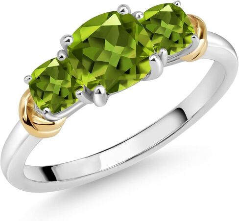 Gem Stone King Two-Tone Gemstone Birthstone 3-Stone Engagement Ring for Women | 925 Silver and 10K Yellow Gold | Cushion Cut 6MM and 4MM | Three Stone Wedding Anniversary Promise Ring | Sizes 5-9 in Saudi Arabia