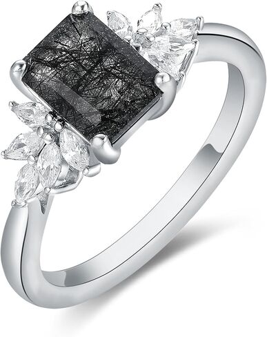 مزيج Art Deco 1.1ct - 2ct طبيعية أسود Quartz 925 Women Women Rings: مختلف قطع مطلي مع حلقات خطبة البلاتين ، وكروم الأوراق ووعد الزفاف الفضي الجنيه الهندسي (1.10CT 1.30CT 1.35CT 1.5CT 2CT) الحجم 4-9 in Kuwait