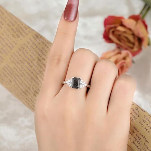 مزيج Art Deco 1.1ct - 2ct طبيعية أسود Quartz 925 Women Women Rings: مختلف قطع مطلي مع حلقات خطبة البلاتين ، وكروم الأوراق ووعد الزفاف الفضي الجنيه الهندسي (1.10CT 1.30CT 1.35CT 1.5CT 2CT) الحجم 4-9 in Kuwait