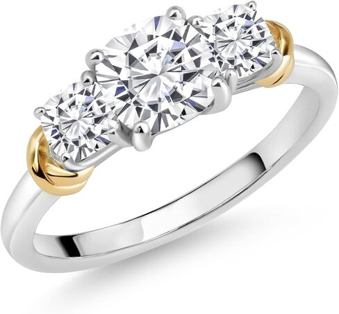 Gem Stone King Two-Tone Gemstone Birthstone 3-Stone Engagement Ring for Women | 925 Silver and 10K Yellow Gold | Cushion Cut 6MM and 4MM | Three Stone Wedding Anniversary Promise Ring | Sizes 5-9 in Saudi Arabia