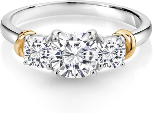 Gem Stone King Two-Tone Gemstone Birthstone 3-Stone Engagement Ring for Women | 925 Silver and 10K Yellow Gold | Cushion Cut 6MM and 4MM | Three Stone Wedding Anniversary Promise Ring | Sizes 5-9 in Saudi Arabia