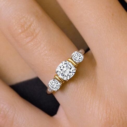 Gem Stone King Two-Tone Gemstone Birthstone 3-Stone Engagement Ring for Women | 925 Silver and 10K Yellow Gold | Cushion Cut 6MM and 4MM | Three Stone Wedding Anniversary Promise Ring | Sizes 5-9 in Saudi Arabia