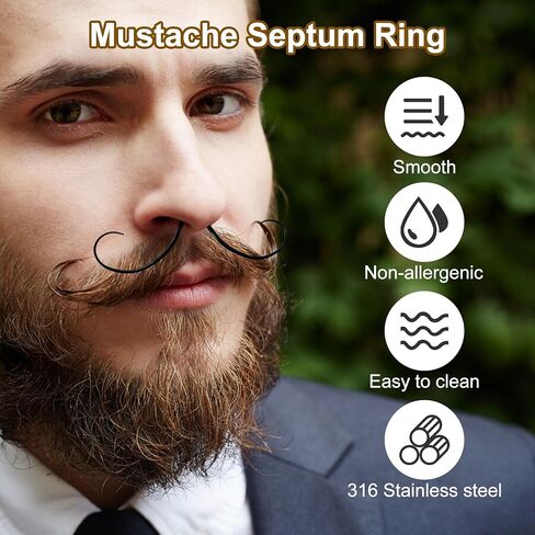 14G/16G Mustache Septum Ring, 316 Surgical Stainless Steel Septum Ring Piercing Jewelry for Women Men Halloween Christmas, Mustache Nose Piercings Black Gold Rainbow in Saudi Arabia