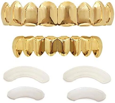 24K مطلي بالذهب GRILLZ 8 أسنان الفم أعلى وأسفل مجموعة شوايات الهيب هوب بلينغ للرجال + قطعة قماش من الألياف الدقيقة in Kuwait