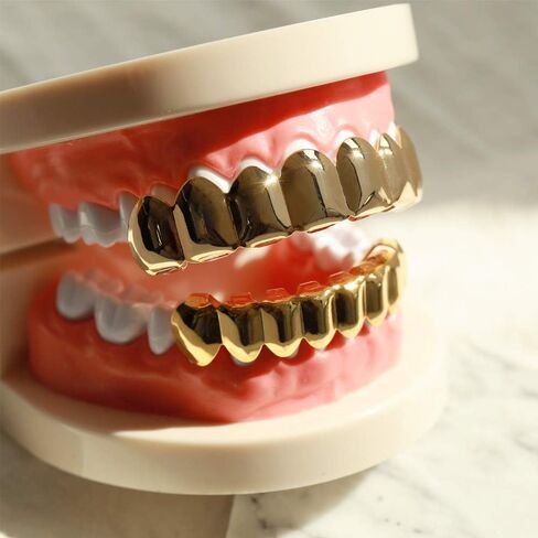24K مطلي بالذهب GRILLZ 8 أسنان الفم أعلى وأسفل مجموعة شوايات الهيب هوب بلينغ للرجال + قطعة قماش من الألياف الدقيقة in Kuwait