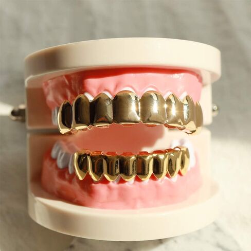 24K مطلي بالذهب GRILLZ 8 أسنان الفم أعلى وأسفل مجموعة شوايات الهيب هوب بلينغ للرجال + قطعة قماش من الألياف الدقيقة in Kuwait