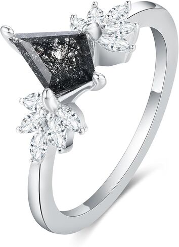 Mix Art Deco 1.1ct - 2ct Natural Black Rutilated Quartz 925 Silver Women Rings: Various Cut Plated with Platinum Engagement Rings, Leaf Vines & Geometric Sterling Silver Bridal Promise Ring for Her (1.10ct 1.30ct 1.35ct 1.5ct 2ct) Size 4-9 in Kuwait