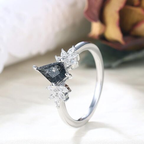 Mix Art Deco 1.1ct - 2ct Natural Black Rutilated Quartz 925 Silver Women Rings: Various Cut Plated with Platinum Engagement Rings, Leaf Vines & Geometric Sterling Silver Bridal Promise Ring for Her (1.10ct 1.30ct 1.35ct 1.5ct 2ct) Size 4-9 in Kuwait