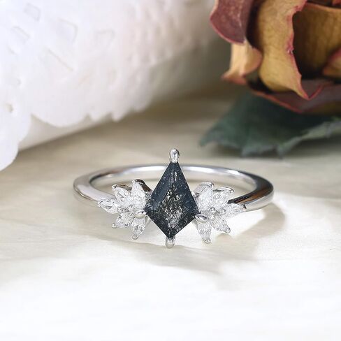 Mix Art Deco 1.1ct - 2ct Natural Black Rutilated Quartz 925 Silver Women Rings: Various Cut Plated with Platinum Engagement Rings, Leaf Vines & Geometric Sterling Silver Bridal Promise Ring for Her (1.10ct 1.30ct 1.35ct 1.5ct 2ct) Size 4-9 in Kuwait