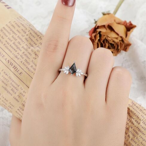 Mix Art Deco 1.1ct - 2ct Natural Black Rutilated Quartz 925 Silver Women Rings: Various Cut Plated with Platinum Engagement Rings, Leaf Vines & Geometric Sterling Silver Bridal Promise Ring for Her (1.10ct 1.30ct 1.35ct 1.5ct 2ct) Size 4-9 in Kuwait