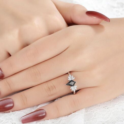 Mix Art Deco 1.1ct - 2ct Natural Black Rutilated Quartz 925 Silver Women Rings: Various Cut Plated with Platinum Engagement Rings, Leaf Vines & Geometric Sterling Silver Bridal Promise Ring for Her (1.10ct 1.30ct 1.35ct 1.5ct 2ct) Size 4-9 in Kuwait