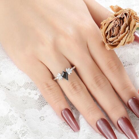 Mix Art Deco 1.1ct - 2ct Natural Black Rutilated Quartz 925 Silver Women Rings: Various Cut Plated with Platinum Engagement Rings, Leaf Vines & Geometric Sterling Silver Bridal Promise Ring for Her (1.10ct 1.30ct 1.35ct 1.5ct 2ct) Size 4-9 in Kuwait