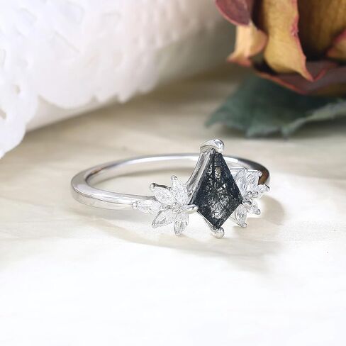 Mix Art Deco 1.1ct - 2ct Natural Black Rutilated Quartz 925 Silver Women Rings: Various Cut Plated with Platinum Engagement Rings, Leaf Vines & Geometric Sterling Silver Bridal Promise Ring for Her (1.10ct 1.30ct 1.35ct 1.5ct 2ct) Size 4-9 in Kuwait