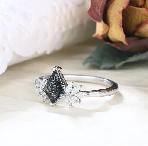 Mix Art Deco 1.1ct - 2ct Natural Black Rutilated Quartz 925 Silver Women Rings: Various Cut Plated with Platinum Engagement Rings, Leaf Vines & Geometric Sterling Silver Bridal Promise Ring for Her (1.10ct 1.30ct 1.35ct 1.5ct 2ct) Size 4-9 in Kuwait