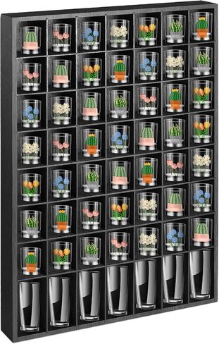 Large Shot Glass Display Case Wooden Shot Glass Holder Display Wall Mounted Shadow Box with Removable Shelves Shot Glasses Shelf Glass Rack Thimble Display Case Shot Glass Storage Case, 56 Slots in Saudi Arabia