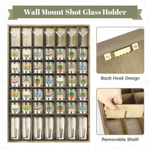 Large Shot Glass Display Case Wooden Shot Glass Holder Display Wall Mounted Shadow Box with Removable Shelves Shot Glasses Shelf Glass Rack Thimble Display Case Shot Glass Storage Case, 56 Slots in Saudi Arabia