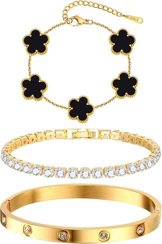 Womens Stackable Floral Gold Bracelets - 3Pcs 18K Gold Plated Bracelet,Stainless Steel Bangle Bracelets Non Tarnish, Gold Bracelet Set Trendy Jewelry,Christmas Valentines Birthday Gifts for Girlfriend in Saudi Arabia