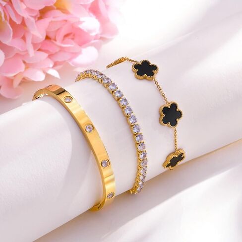 Womens Stackable Floral Gold Bracelets - 3Pcs 18K Gold Plated Bracelet,Stainless Steel Bangle Bracelets Non Tarnish, Gold Bracelet Set Trendy Jewelry,Christmas Valentines Birthday Gifts for Girlfriend in Saudi Arabia