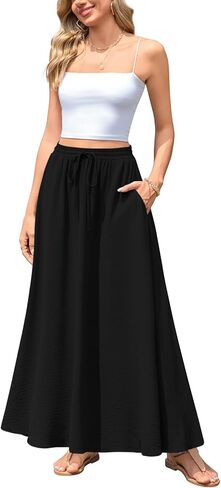 Aodemo Women's Flowy Maxi Skirt Summer Boho Pleated Elastic Waisted Casual Beach Long Skirts with Pockets in Kuwait
