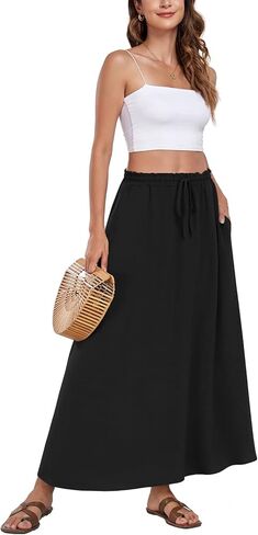 Aodemo Women's Flowy Maxi Skirt Summer Boho Pleated Elastic Waisted Casual Beach Long Skirts with Pockets in Kuwait