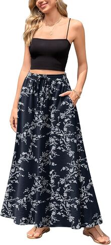 Aodemo Women's Flowy Maxi Skirt Summer Boho Pleated Elastic Waisted Casual Beach Long Skirts with Pockets in Kuwait