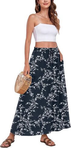 Aodemo Women's Flowy Maxi Skirt Summer Boho Pleated Elastic Waisted Casual Beach Long Skirts with Pockets in Kuwait