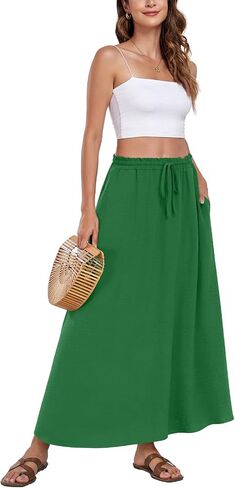 Aodemo Women's Flowy Maxi Skirt Summer Boho Pleated Elastic Waisted Casual Beach Long Skirts with Pockets in Kuwait