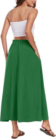 Aodemo Women's Flowy Maxi Skirt Summer Boho Pleated Elastic Waisted Casual Beach Long Skirts with Pockets in Kuwait