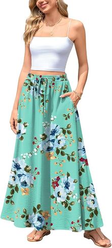 Aodemo Women's Flowy Maxi Skirt Summer Boho Pleated Elastic Waisted Casual Beach Long Skirts with Pockets in Kuwait
