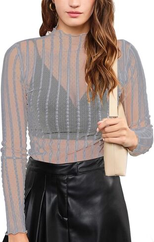 Women's Sheer Mesh Bodysuit Mock Turtleneck Lace Tops Slim See Through Long Sleeve Body Suits Sexy Shirts in Saudi Arabia