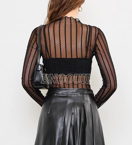 Women's Sheer Mesh Bodysuit Mock Turtleneck Lace Tops Slim See Through Long Sleeve Body Suits Sexy Shirts in Saudi Arabia