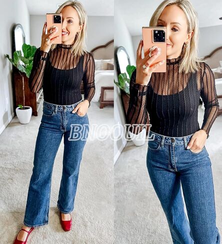 Women's Sheer Mesh Bodysuit Mock Turtleneck Lace Tops Slim See Through Long Sleeve Body Suits Sexy Shirts in Saudi Arabia