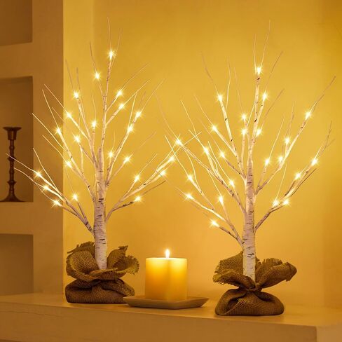 Lighted Birch Tree, 2Pack USB Rechargeable Tabletop Tree with Burlap Decor, Timer Function, Pre-Lit Artificial Mini Money Trees with Lights for Spring Summer Home Centerpiece Decor (2FT) in Saudi Arabia