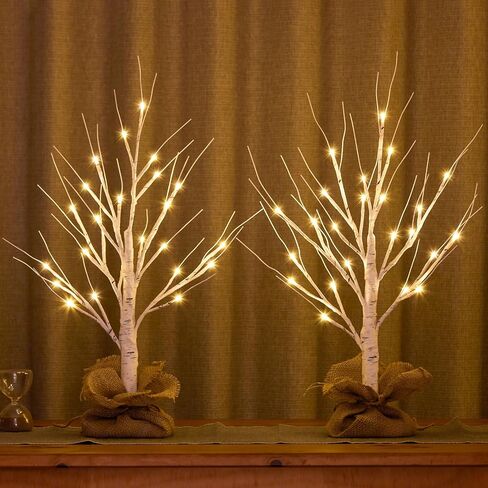 Lighted Birch Tree, 2Pack USB Rechargeable Tabletop Tree with Burlap Decor, Timer Function, Pre-Lit Artificial Mini Money Trees with Lights for Spring Summer Home Centerpiece Decor (2FT) in Saudi Arabia