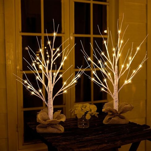 Lighted Birch Tree, 2Pack USB Rechargeable Tabletop Tree with Burlap Decor, Timer Function, Pre-Lit Artificial Mini Money Trees with Lights for Spring Summer Home Centerpiece Decor (2FT) in Saudi Arabia