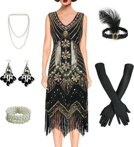 Women's 1920s Flapper Dress Vintage Lace Fringed Gatsby Cocktail Dress with 20s Accessories Set in Saudi Arabia