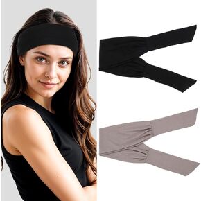 2 PCS Adjustable Headbands for Women, Non-Slip Elastic Wide Head Bands, Adjustable Knotted Headbands for Fashion, Workout, Sports, Running, Yoga (Light Gray, Black)